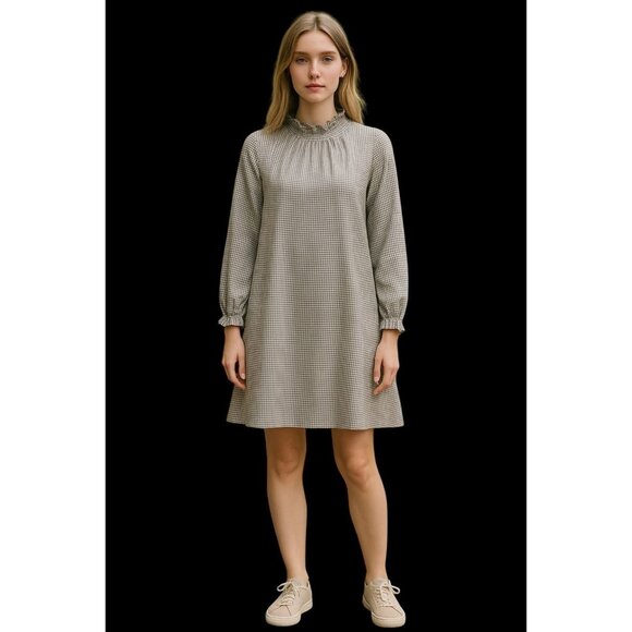 Zara Basic Black White Checked Long Sleeve Dress M 2 Pockets Ruffle Mock Neck - Picture 1 of 11